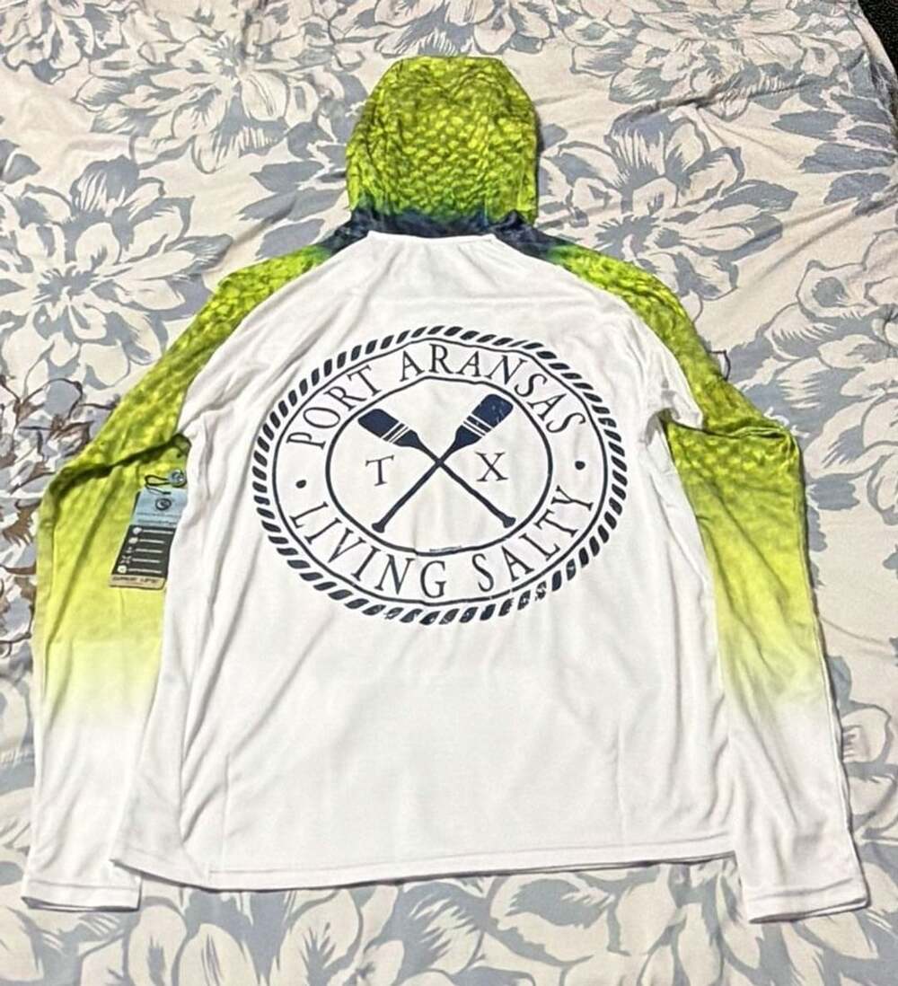 WAVE LIFE Performance Hoodie Size S White Green Port Aransas Fishing